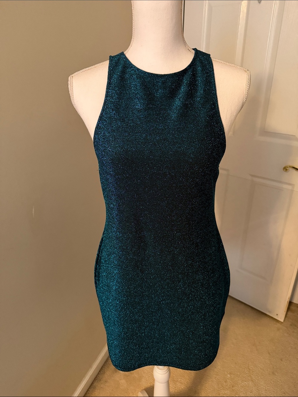 PrettyLittleThing Sparkle High-Neck Mini Dress in Teal Blue